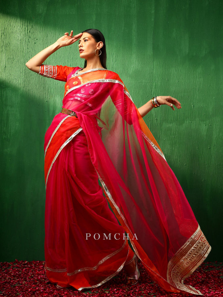 Adaa Orange Pink Double Shade Organza Saree | Stylish Silk Blouse