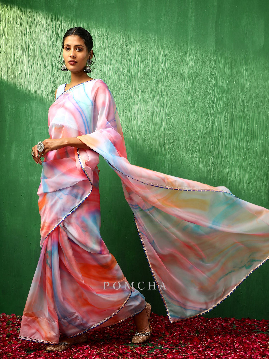 Adaa Pink Marble Print Organza Saree | Trendy Multicolor Style Statement