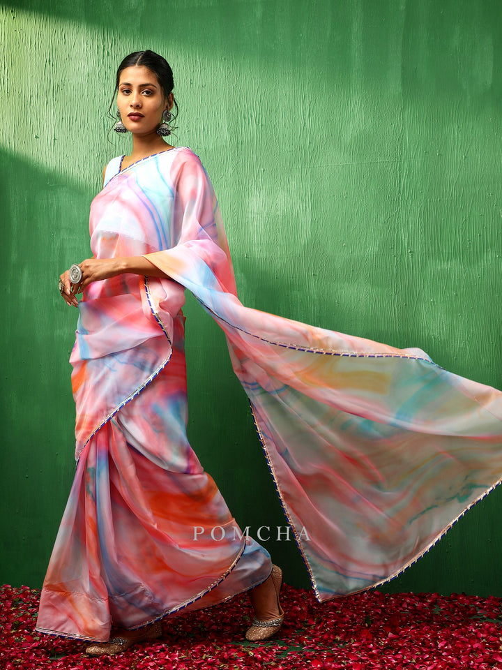 Adaa Pink Marble Print Organza Saree | Trendy Multicolor Style Statement