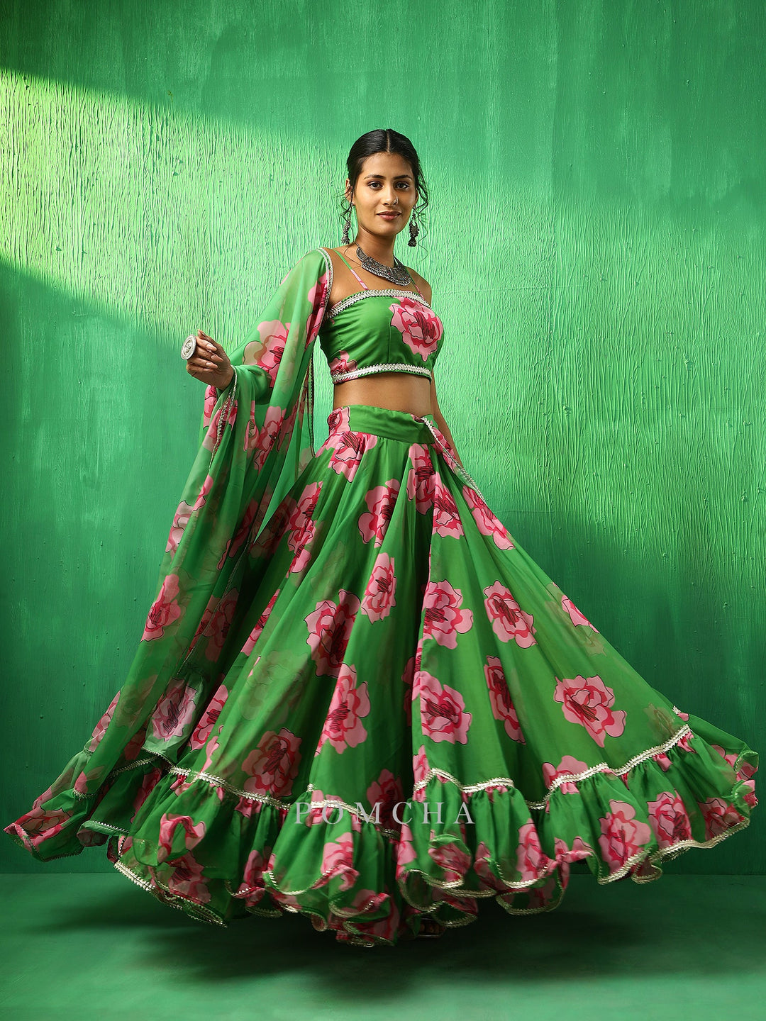 Adaa green carnation organza frill | lehenga with organza dupatta set signature design