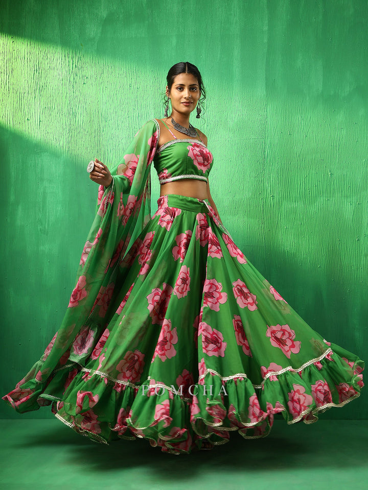 Adaa green carnation organza frill | lehenga with organza dupatta set signature design