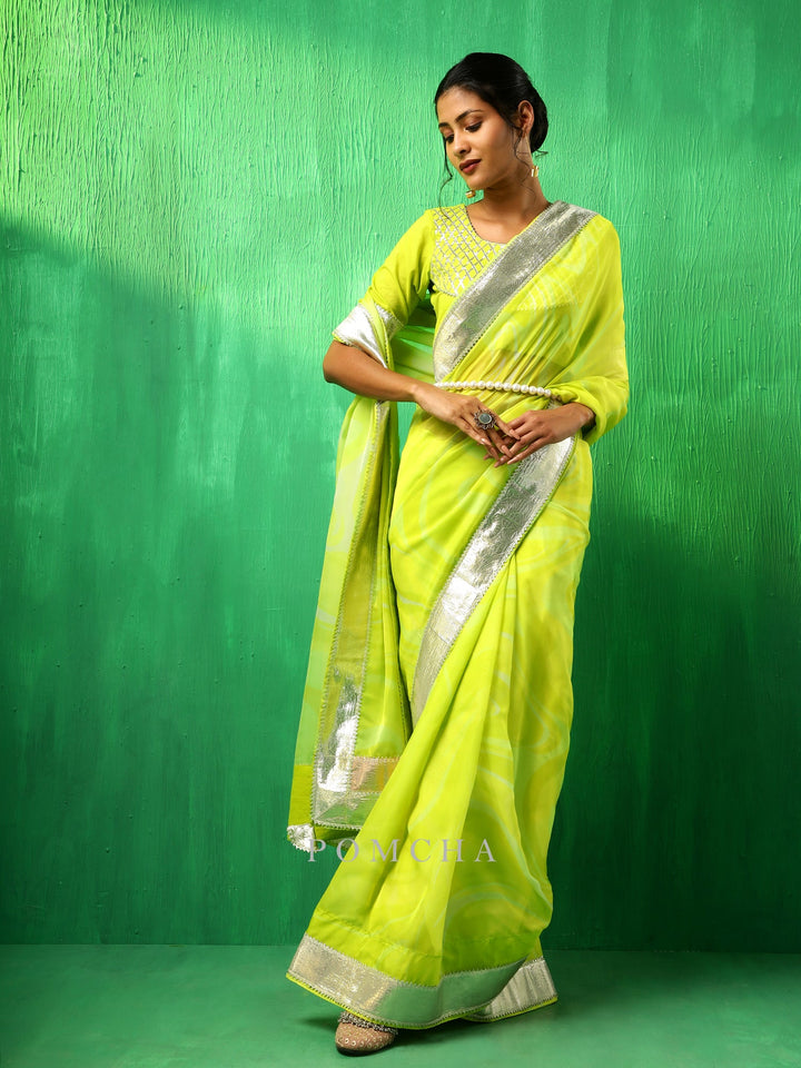 Adaa Bright Green Organza Saree | Classic Cotton Blouse Style