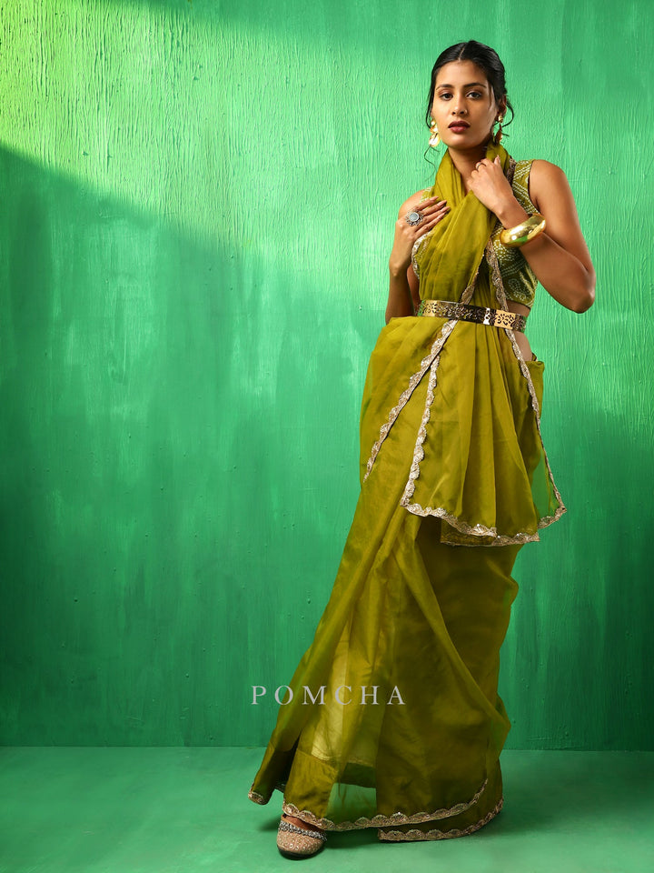 Exquisite Adaa Mehendi Green Organza Saree | Soft Cotton Blouse Pair