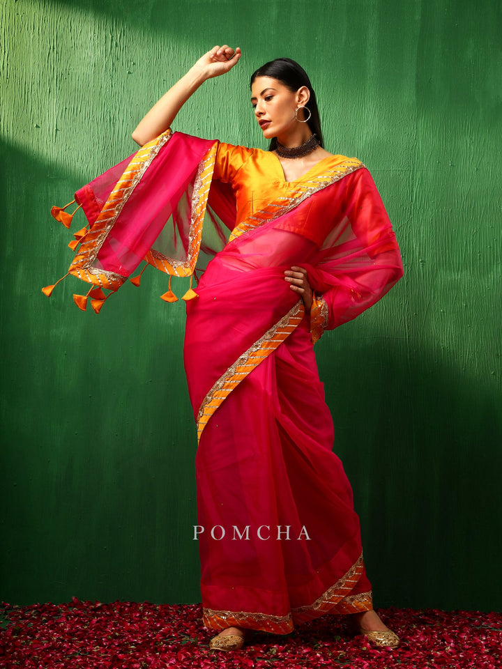 Adaa Graceful Pink Organza Saree | Unique Signature Design with Taffeta Blouse
