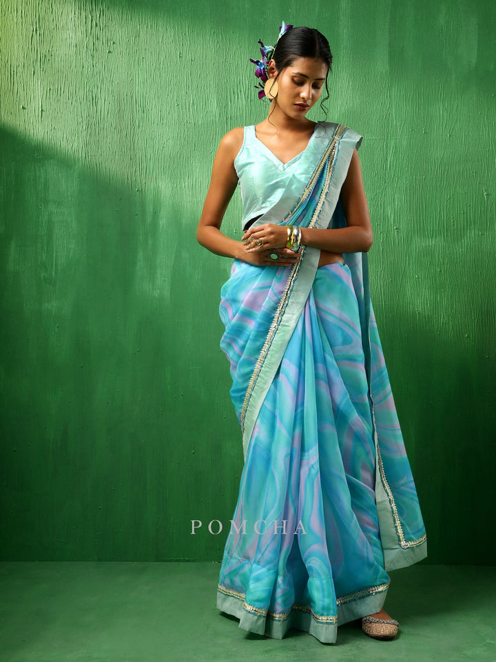 Adaa blue marble | print organza saree style statement