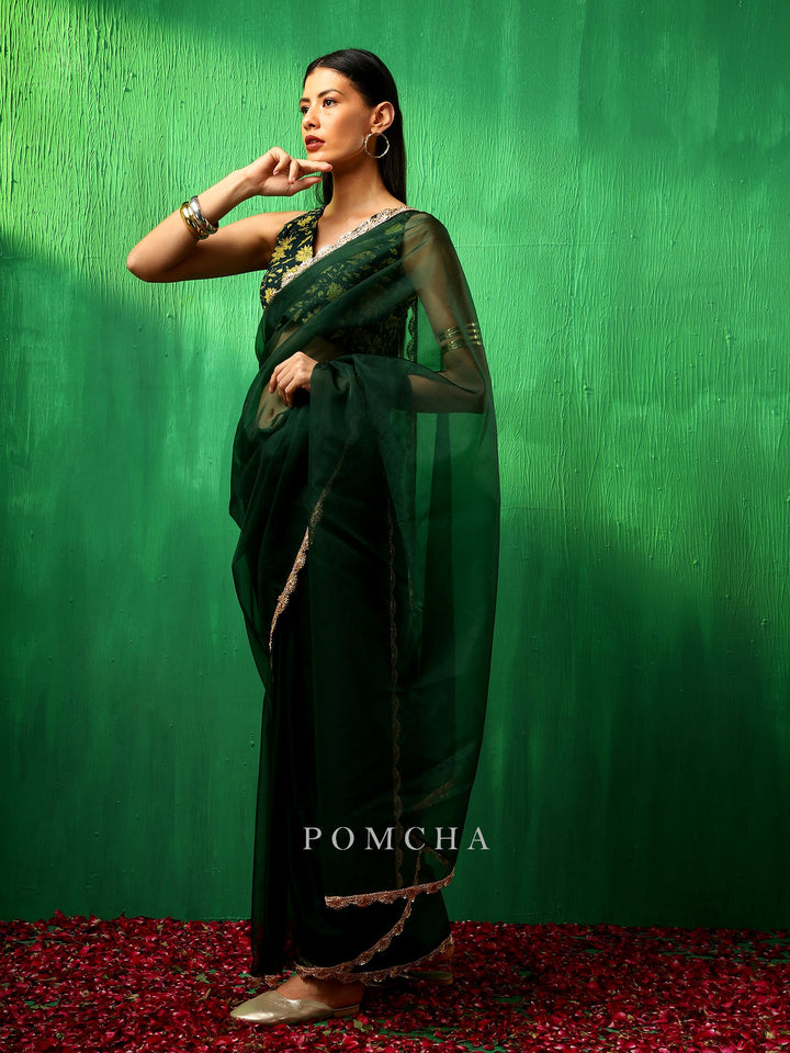 Adaa LuxuryIdika Bottle Green Organza Saree | Premium Cotton Blouse