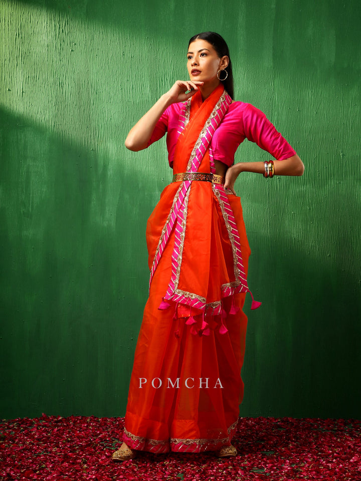 Adaa pink border | orange organza saree edition