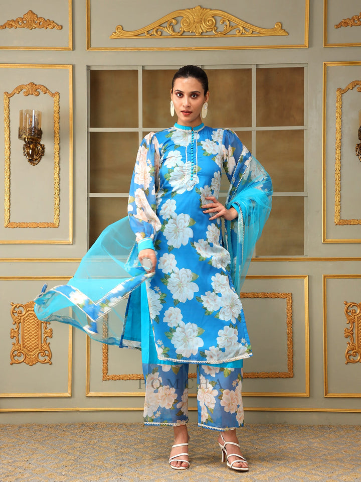 Blue Straight Salwar Suit Set | Organza Kurta Cotton Pants & Soft Net Dupatta