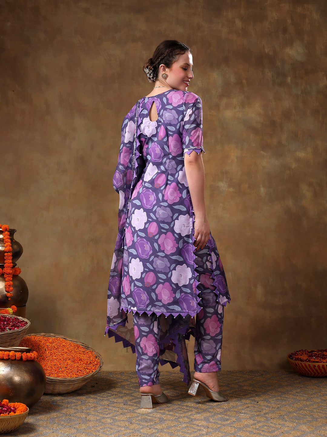 Meraki gulbano purple floral print | muslin kurta set with organza dupatta luxury wear
