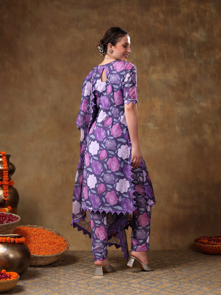 Meraki gulbano purple floral print | muslin kurta set with organza dupatta luxury wear