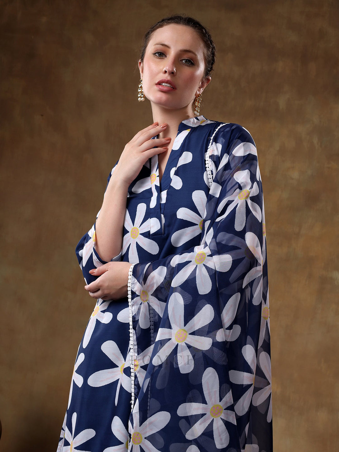 Meraki white flower Navy blue muslin | kurta set with organza dupatta fashionable