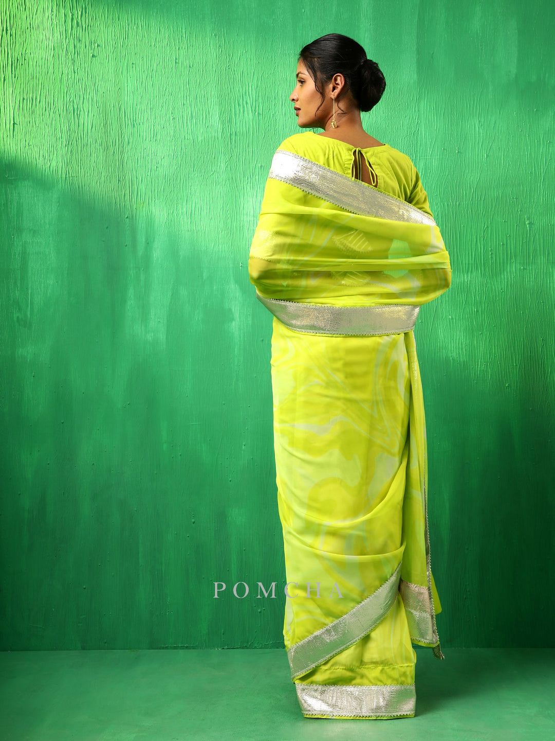 Adaa Bright Green Organza Saree | Classic Cotton Blouse Style