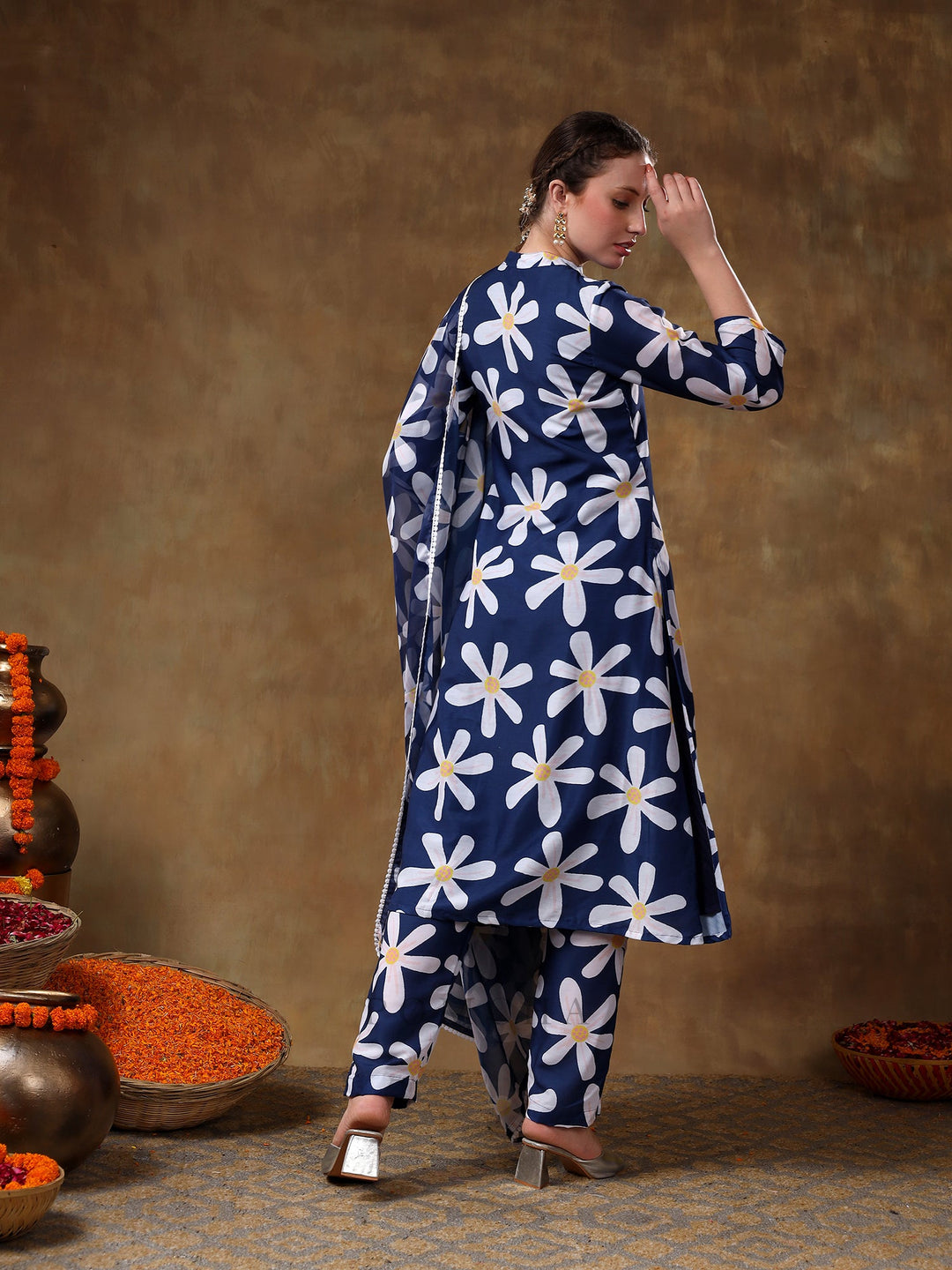 Meraki white flower Navy blue muslin | kurta set with organza dupatta fashionable