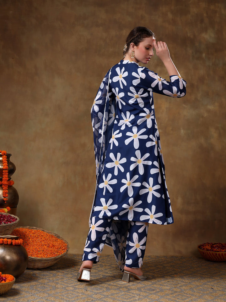 Meraki white flower Navy blue muslin | kurta set with organza dupatta fashionable