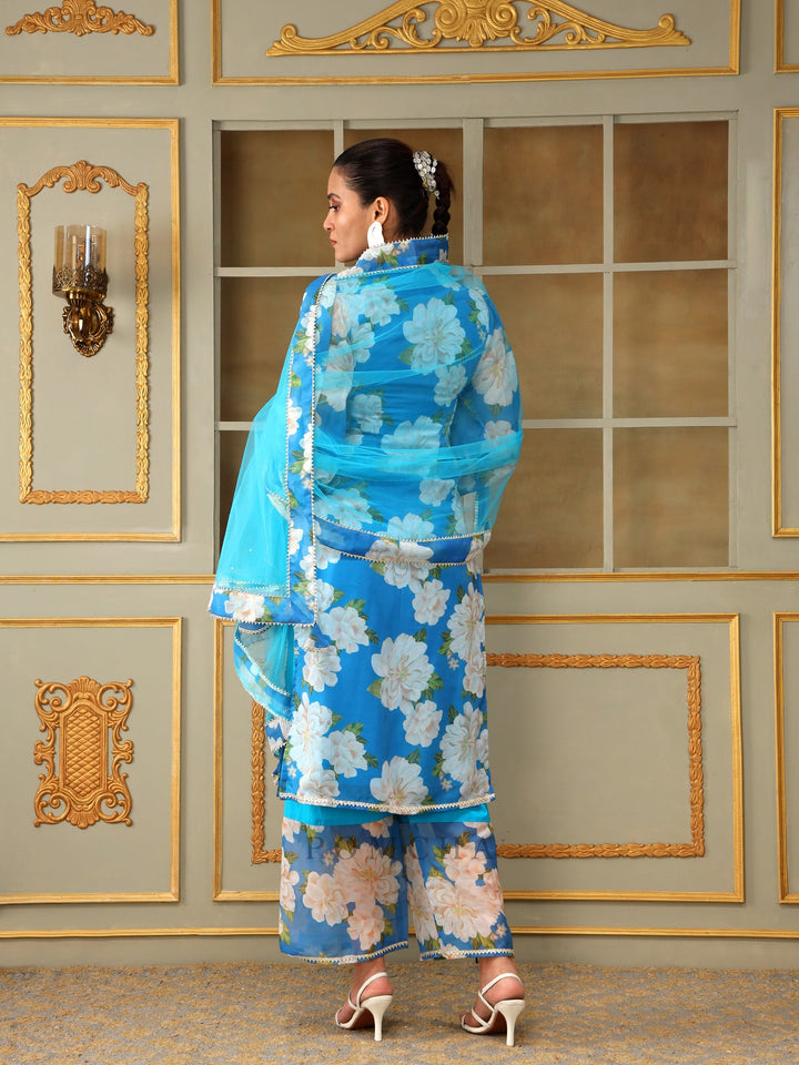 Blue Straight Salwar Suit Set | Organza Kurta Cotton Pants & Soft Net Dupatta