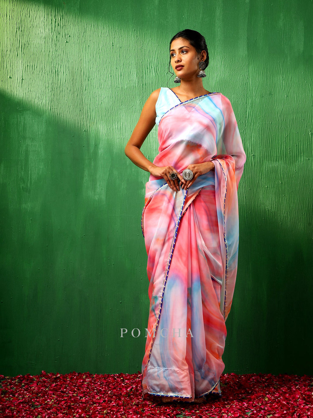 Adaa Pink Marble Print Organza Saree | Trendy Multicolor Style Statement