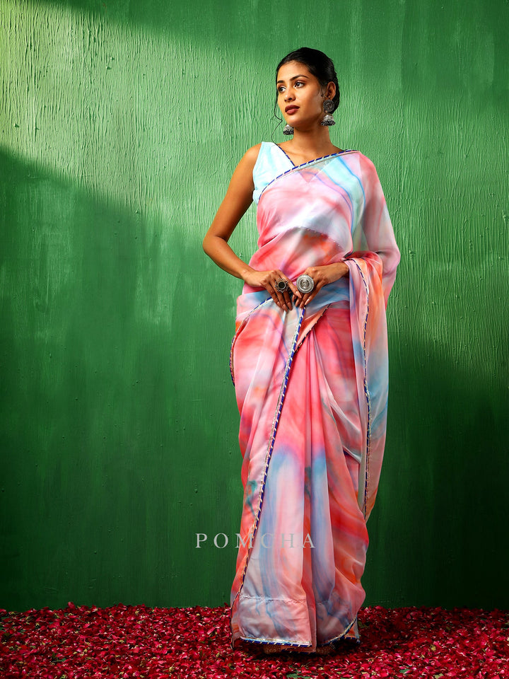 Adaa Pink Marble Print Organza Saree | Trendy Multicolor Style Statement