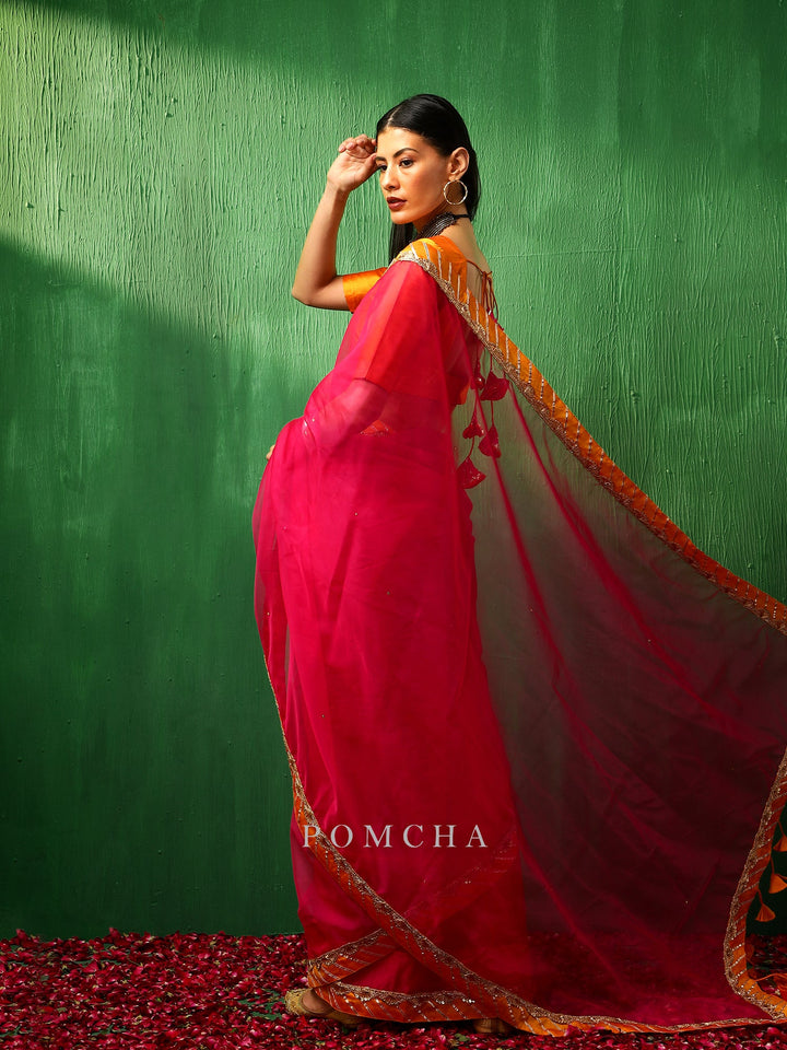 Adaa Graceful Pink Organza Saree | Unique Signature Design with Taffeta Blouse