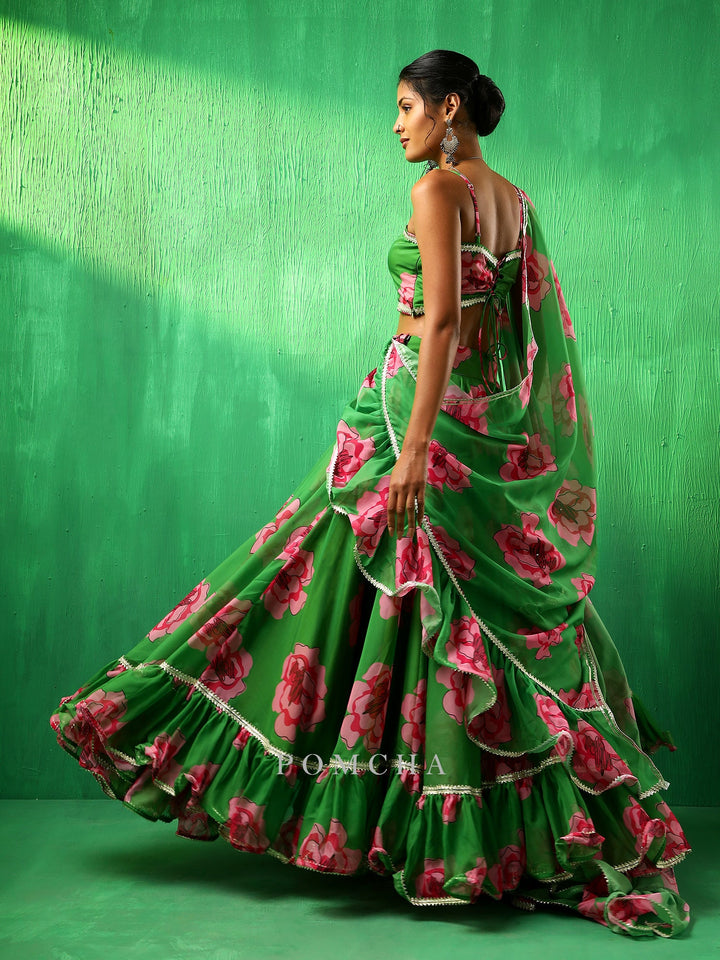 Adaa green carnation organza frill | lehenga with organza dupatta set signature design