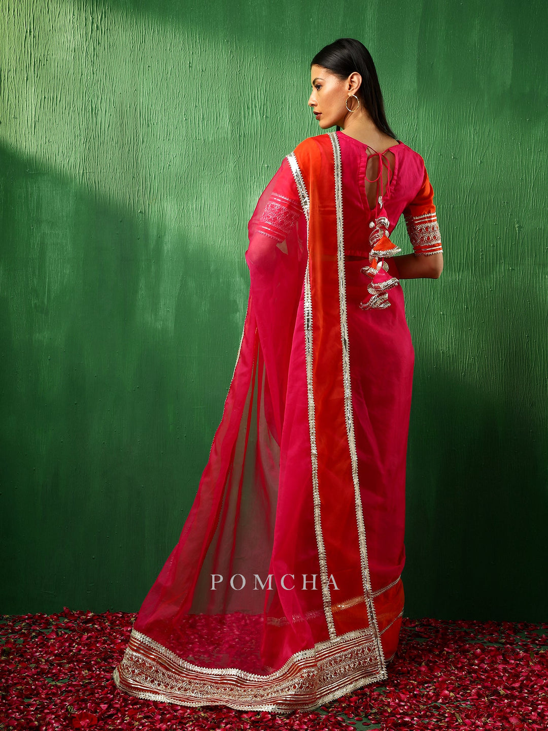 Adaa Orange Pink Double Shade Organza Saree | Stylish Silk Blouse