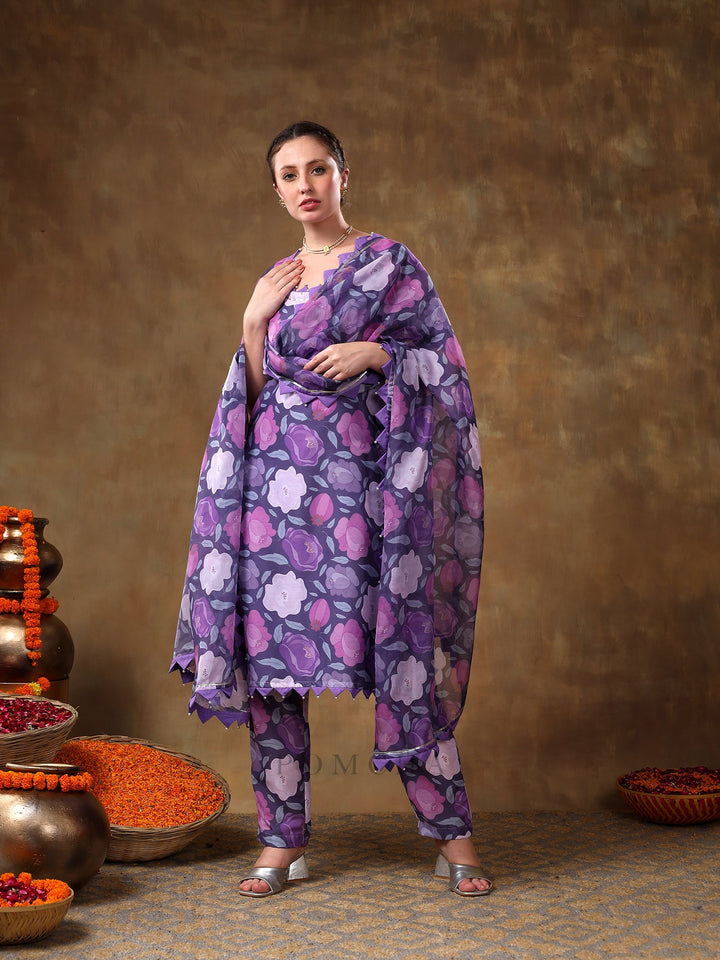 Meraki gulbano purple floral print | muslin kurta set with organza dupatta luxury wear