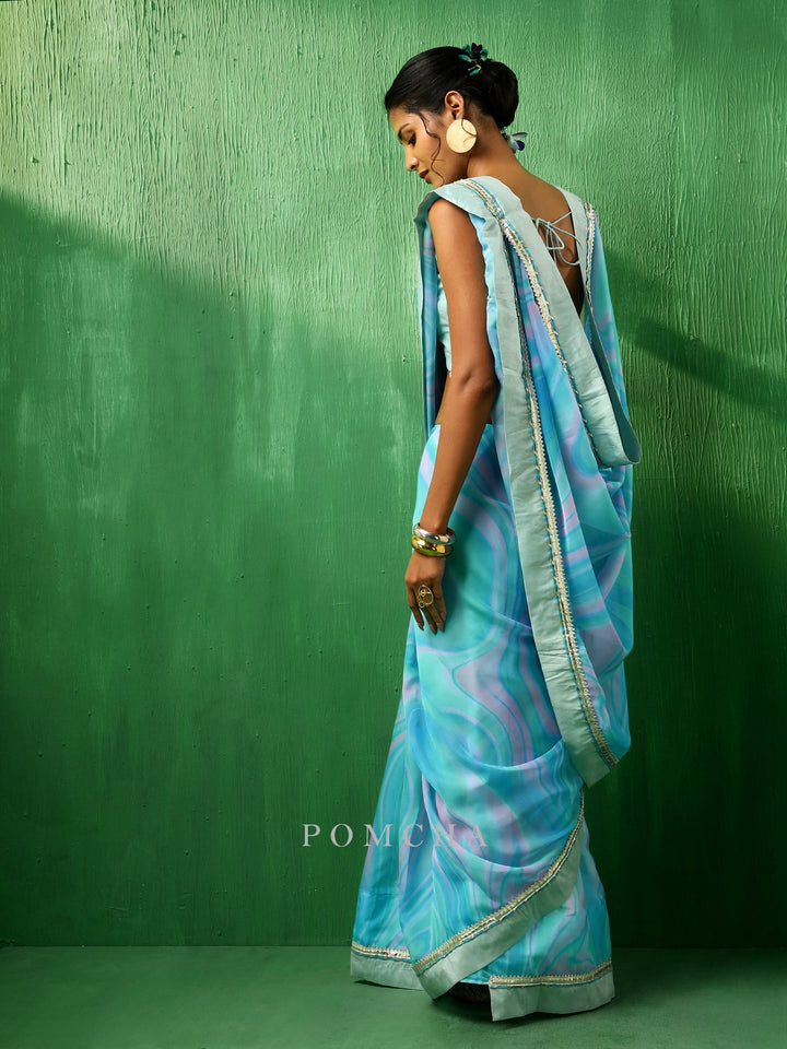Adaa blue marble | print organza saree style statement