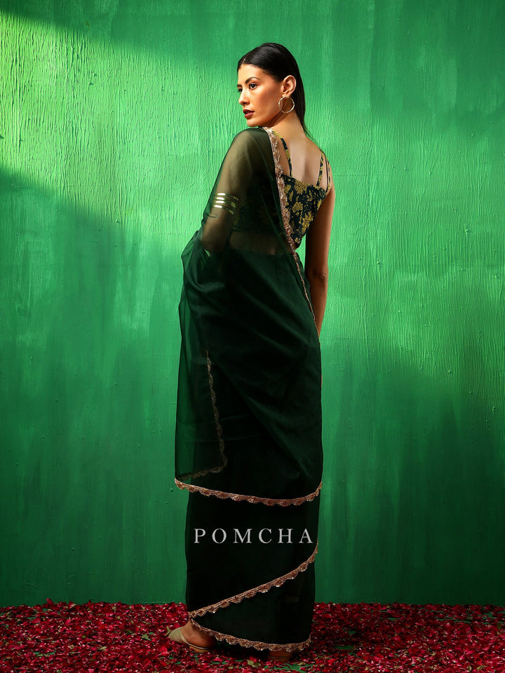 Adaa LuxuryIdika Bottle Green Organza Saree | Premium Cotton Blouse
