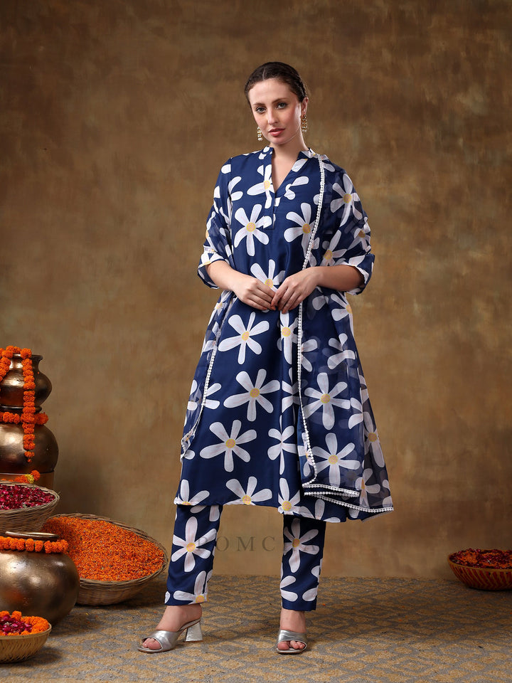Meraki white flower Navy blue muslin | kurta set with organza dupatta fashionable