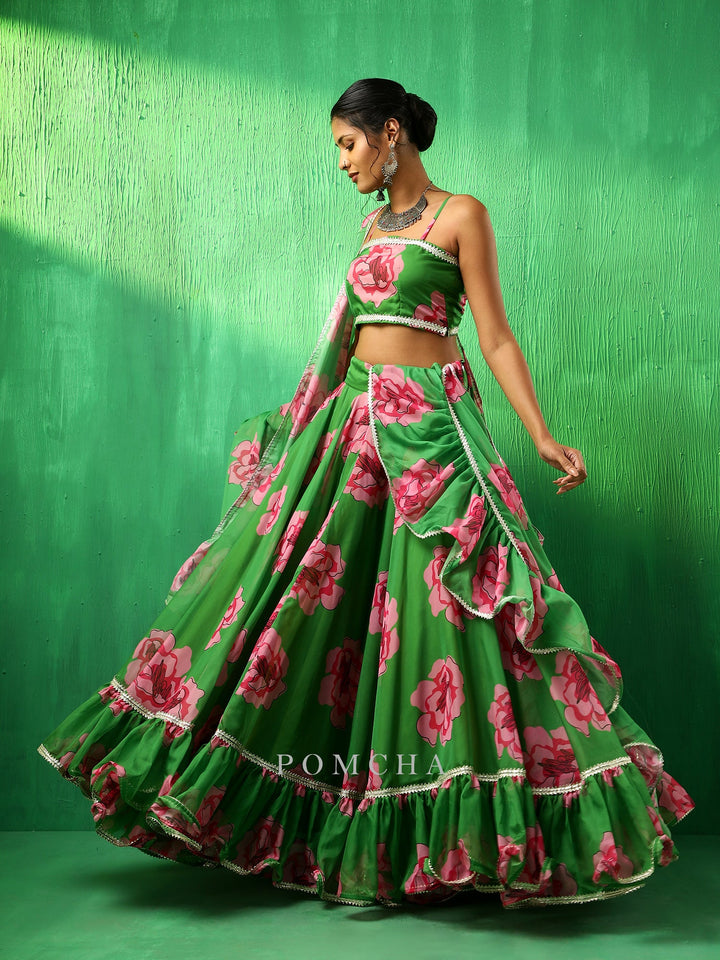 Adaa green carnation organza frill | lehenga with organza dupatta set signature design