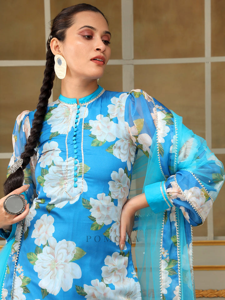Blue Straight Salwar Suit Set | Organza Kurta Cotton Pants & Soft Net Dupatta