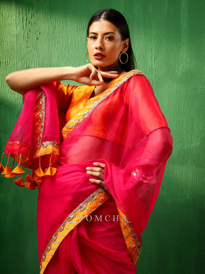 Adaa Graceful Pink Organza Saree | Unique Signature Design with Taffeta Blouse