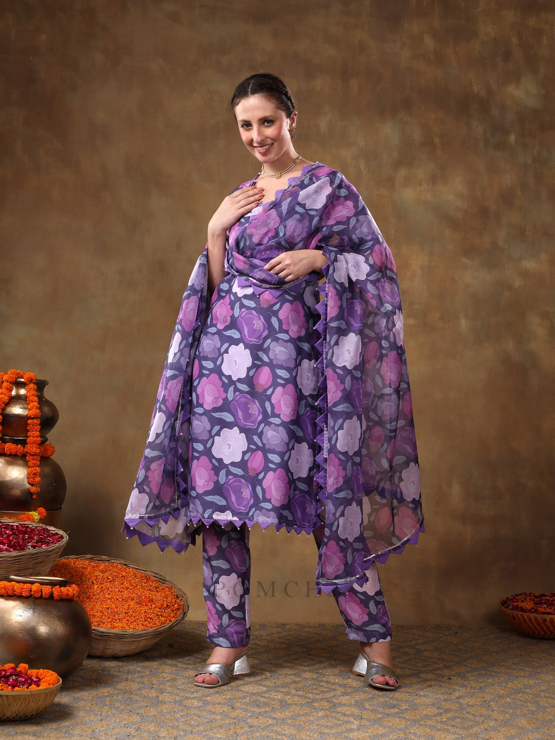Meraki gulbano purple floral print | muslin kurta set with organza dupatta luxury wear