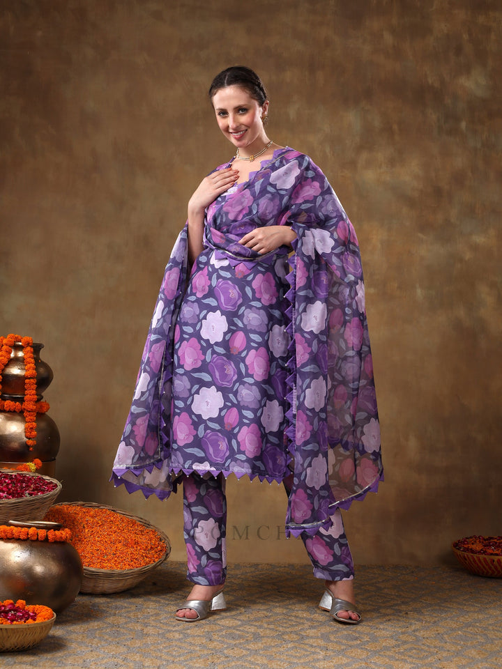 Meraki gulbano purple floral print | muslin kurta set with organza dupatta luxury wear