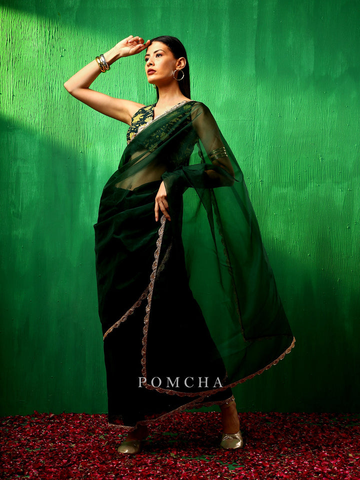 Adaa LuxuryIdika Bottle Green Organza Saree | Premium Cotton Blouse