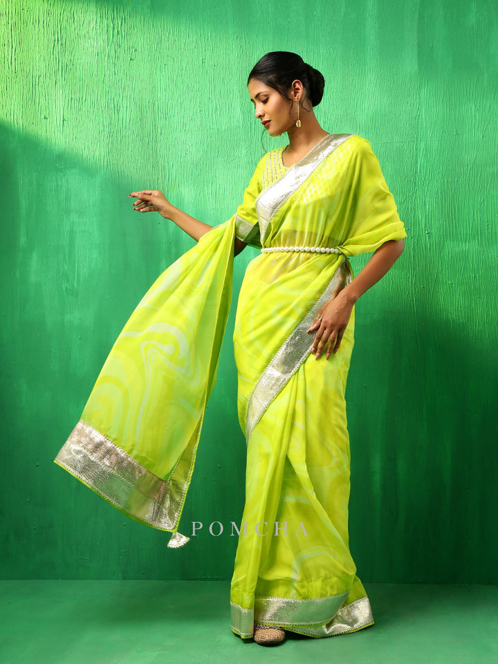 Adaa Bright Green Organza Saree | Classic Cotton Blouse Style