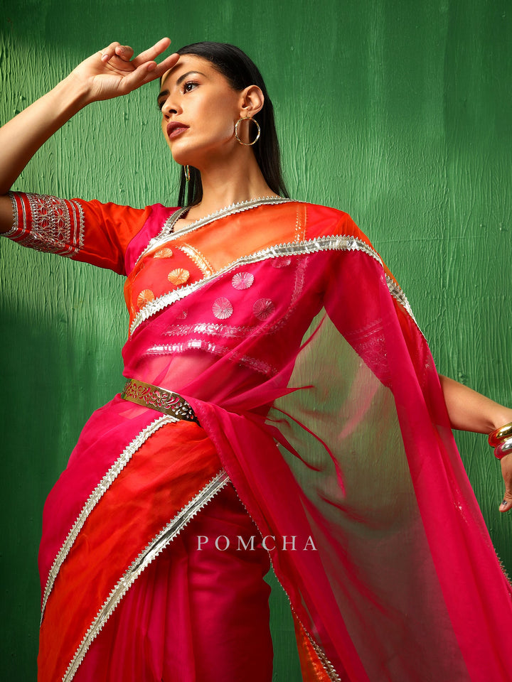 Adaa Orange Pink Double Shade Organza Saree | Stylish Silk Blouse