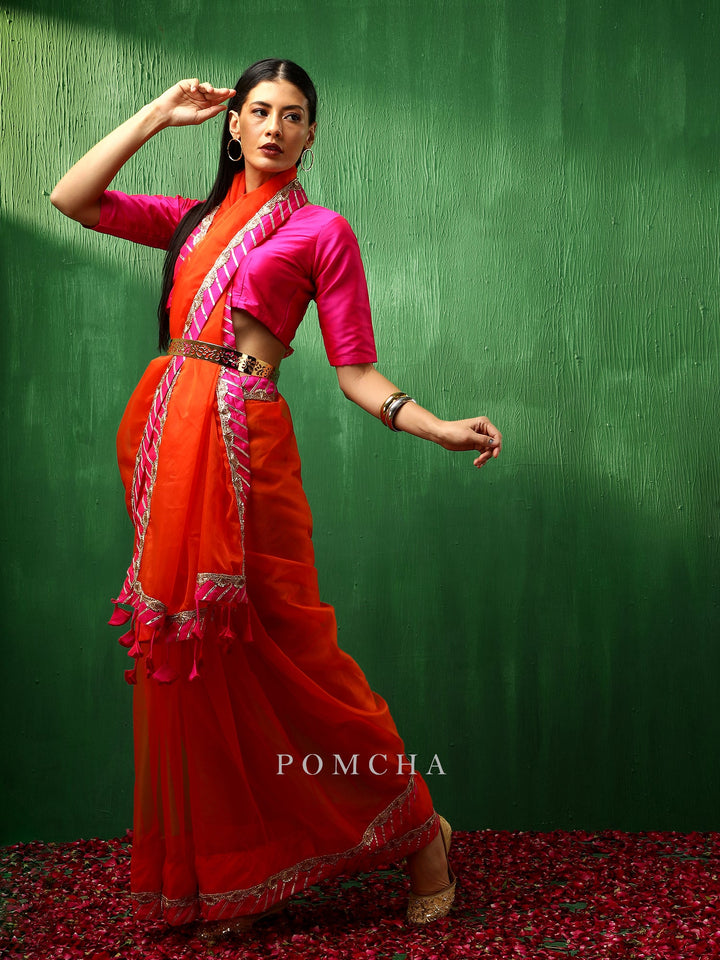 Adaa pink border | orange organza saree edition