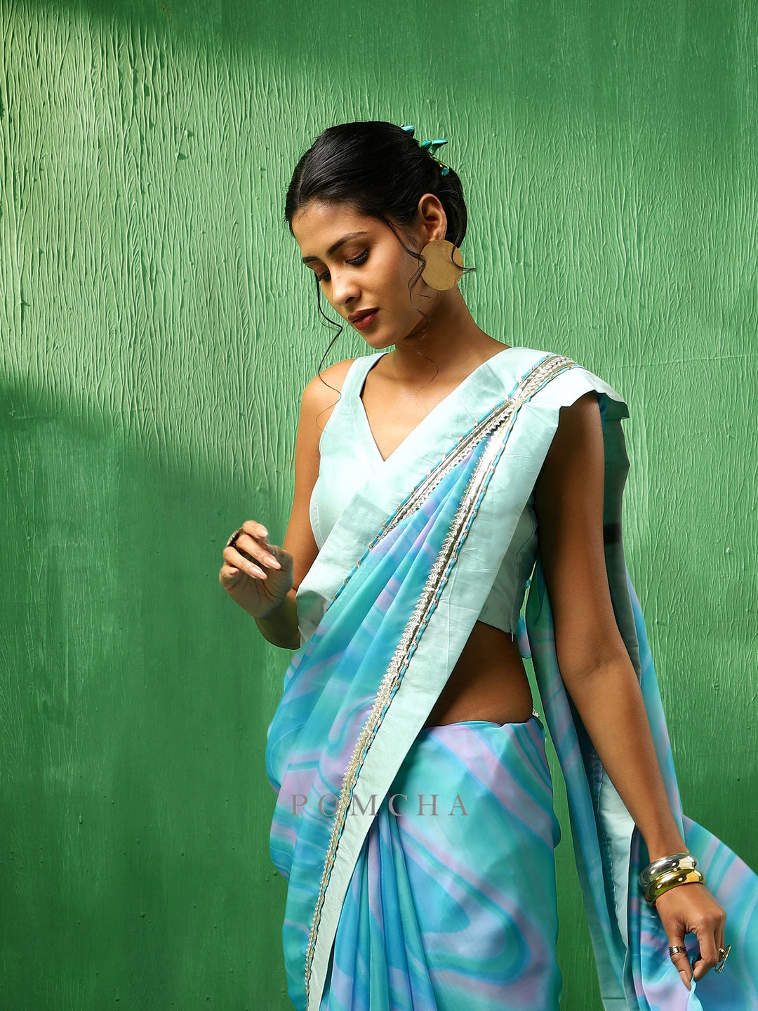 Adaa blue marble | print organza saree style statement