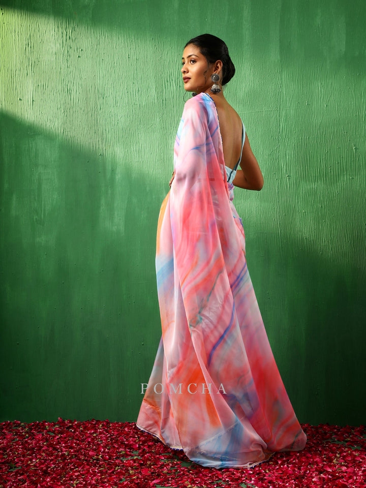 Adaa Pink Marble Print Organza Saree | Trendy Multicolor Style Statement
