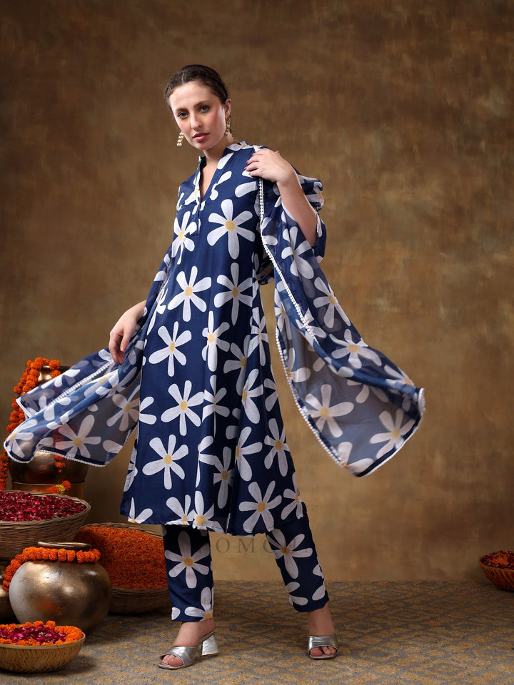 Meraki white flower Navy blue muslin | kurta set with organza dupatta fashionable