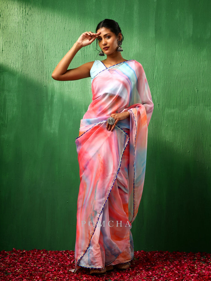 Adaa Pink Marble Print Organza Saree | Trendy Multicolor Style Statement