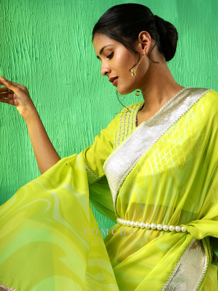 Adaa Bright Green Organza Saree | Classic Cotton Blouse Style