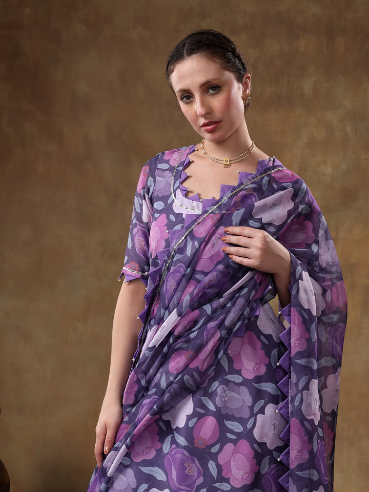 Meraki gulbano purple floral print | muslin kurta set with organza dupatta luxury wear