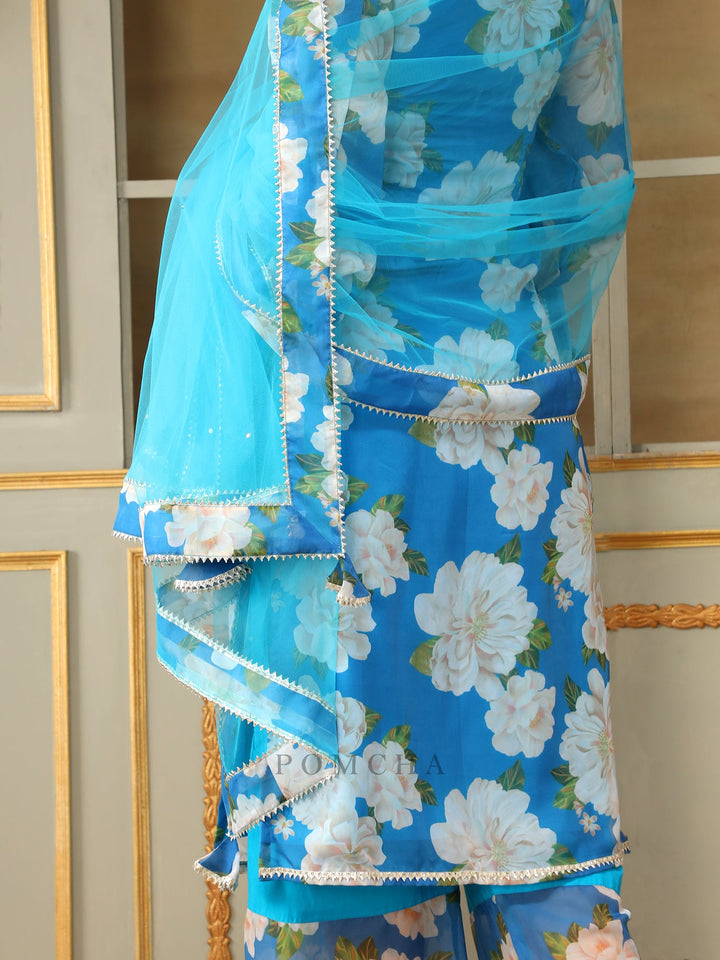 Blue Straight Salwar Suit Set | Organza Kurta Cotton Pants & Soft Net Dupatta