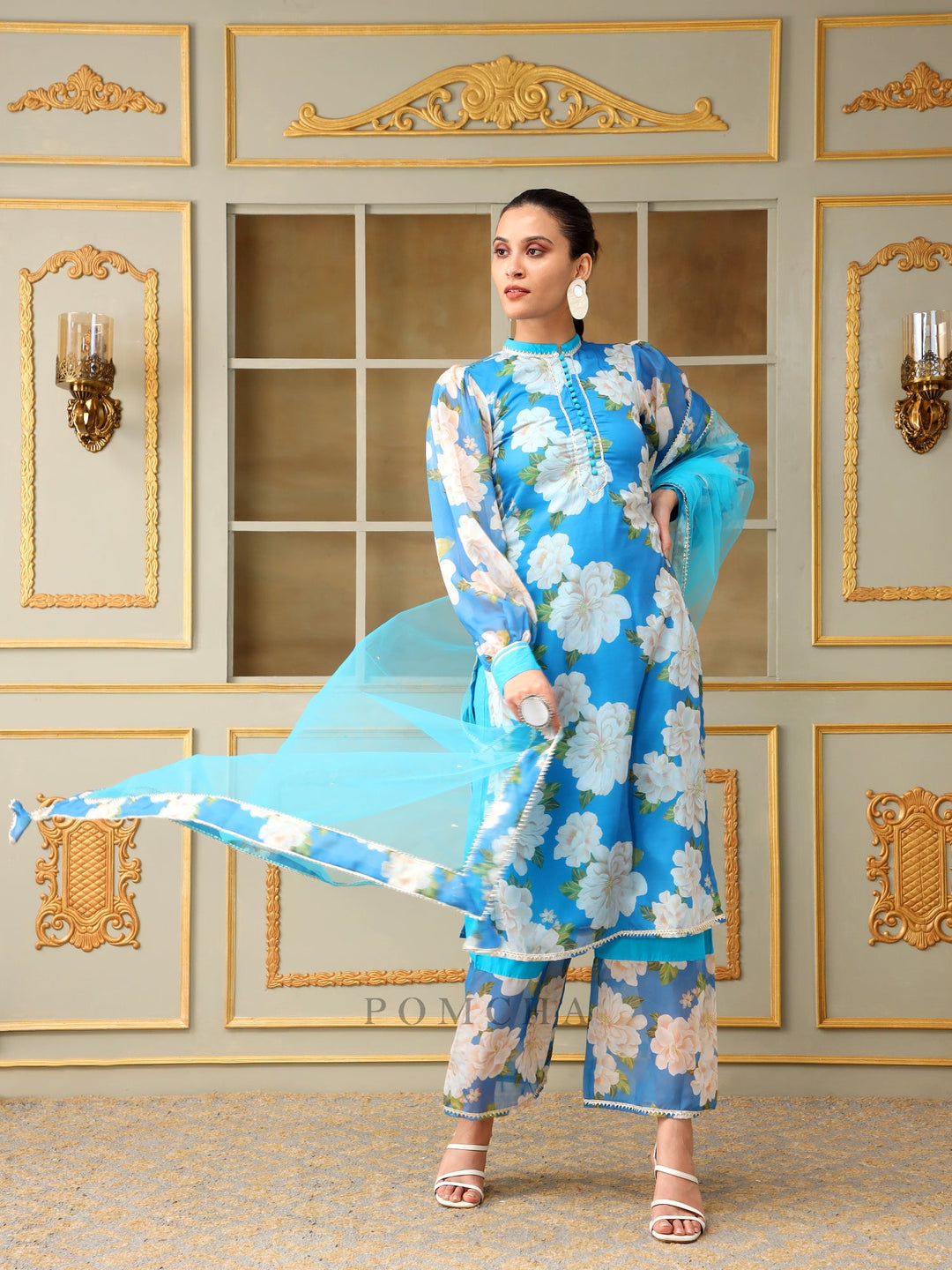 Blue Straight Salwar Suit Set | Organza Kurta Cotton Pants & Soft Net Dupatta
