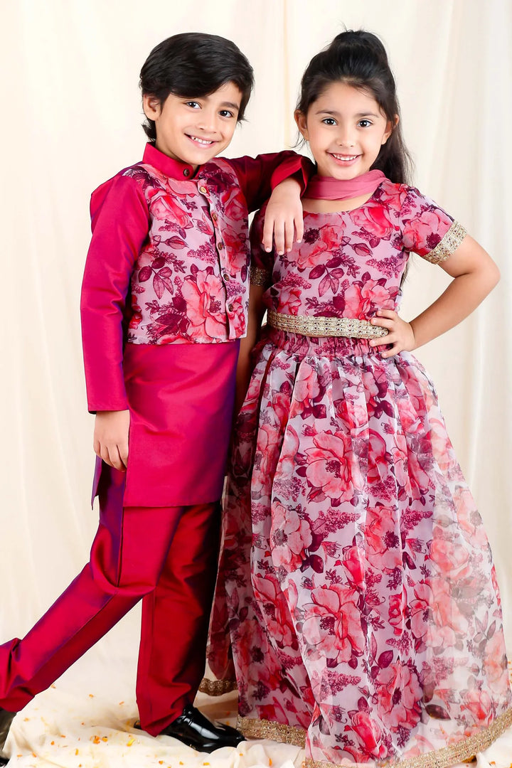 Maroon Floral Organza Matching Lehenga Choli and Kurta Pajama for Brother and Sister
