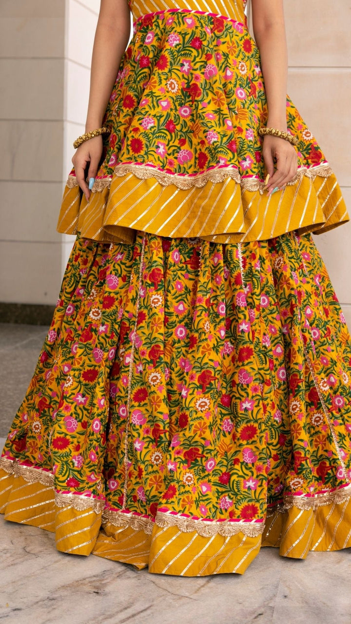 HALDI YELLOW HAND BLOCK PRINT LEHENGA SET - Pomcha Jaipur