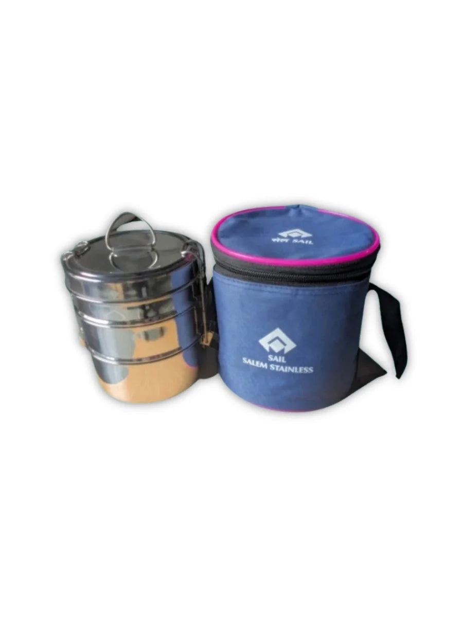 Compact 3 Layer Tiffin Box | Stainless Steel with Rexin Pouch