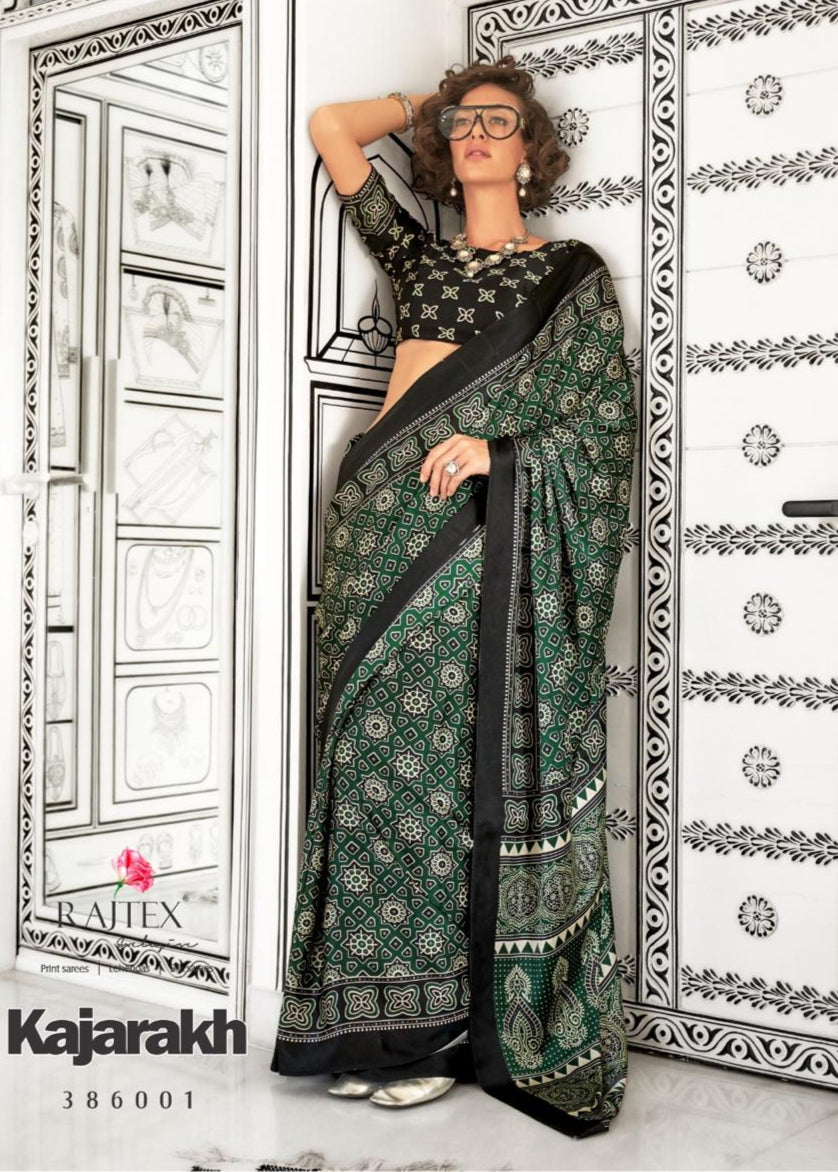 Satin Crepe saree with Ajrakh digital prints, perfect for Indian weddings.