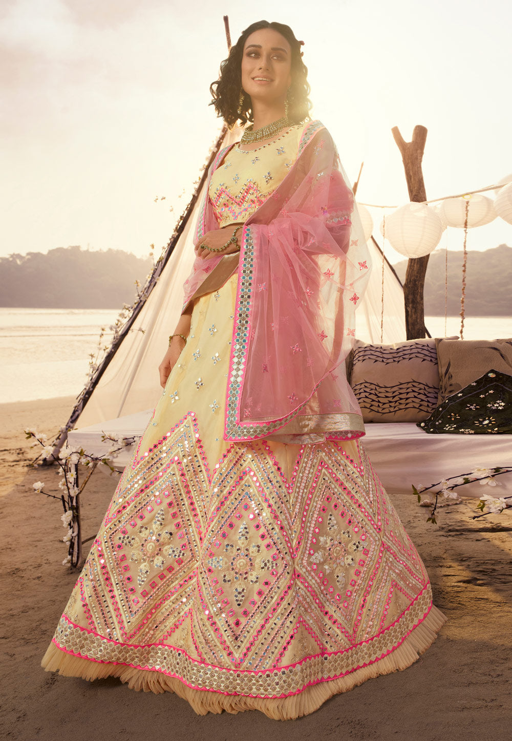 Yellow & Pink Embroidered Mirror Work Lehenga Choli | Semi-Stitched with Dupatta